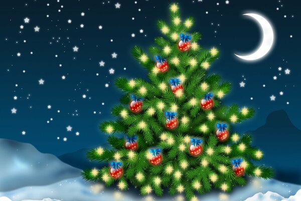 Drawing of a Christmas tree in Christmas toys on a snowy night