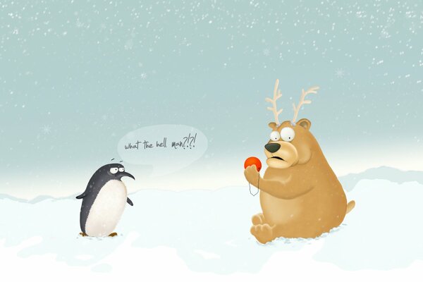L orso raffigura la renna di Babbo Natale e sorprende il pinguino