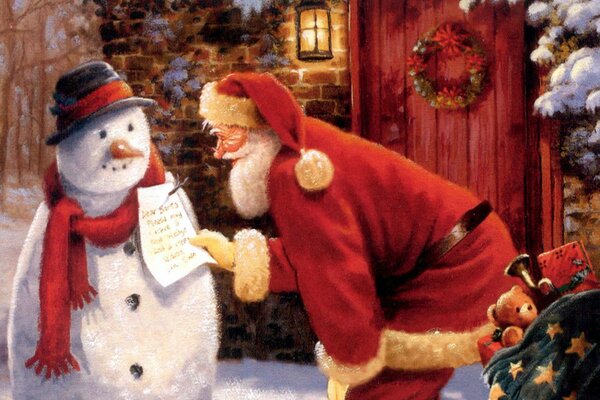 Santa Claus reads a letter attached to a snowman