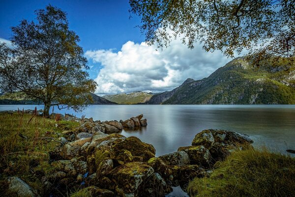 Die Schönheit ihrer Norwegen. Flauschige Wolken und grüne Hügel