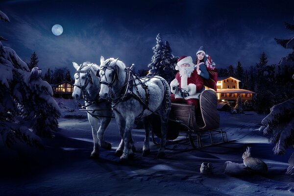 Santa Claus on horseback delivers gifts at night