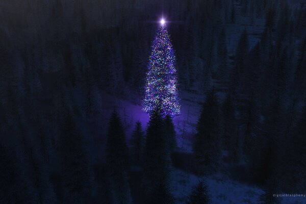 A decorated Christmas tree in the center of a dark forest