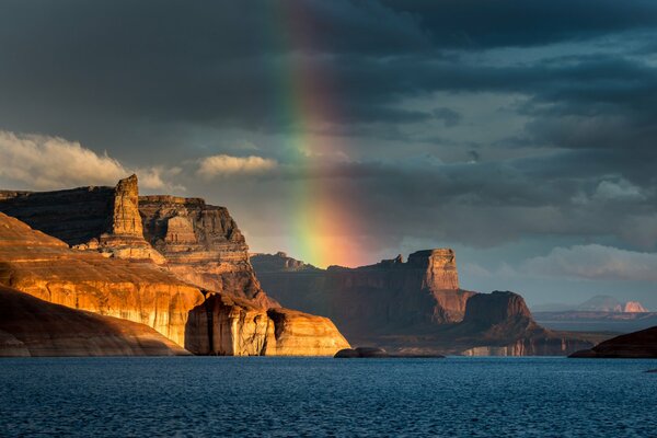 Rainbow over the lake in Padre Bay