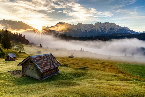 Very beautiful landscape with houses on the background of mountains