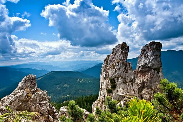 Clouds over the green hills of forests