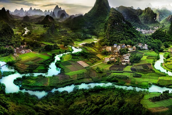 Panorama of Guilin village in China