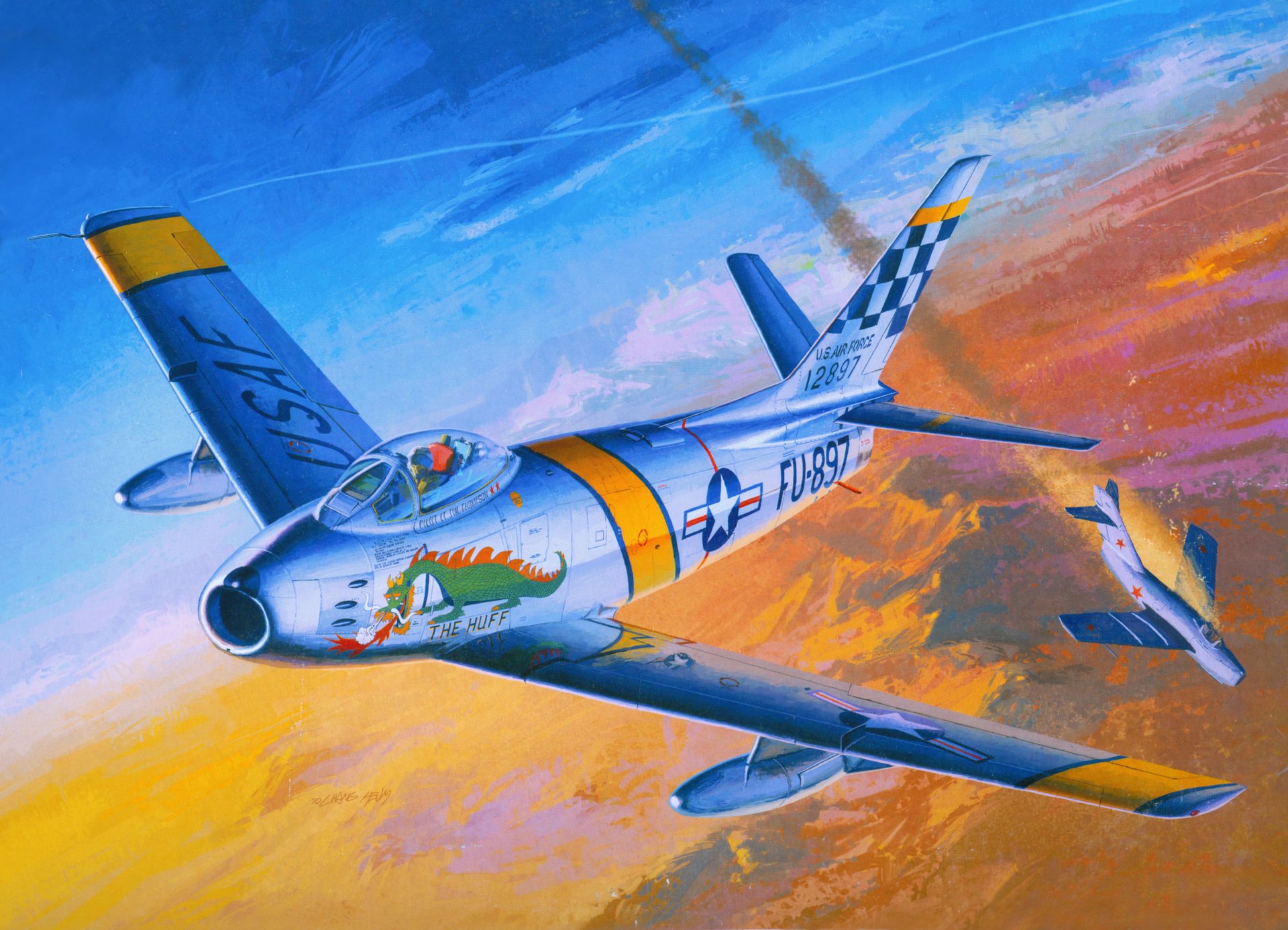 art korean war of 1950-1953 sky jet fighters american north american f-86 sabre shot down soviet mig-15 drawing