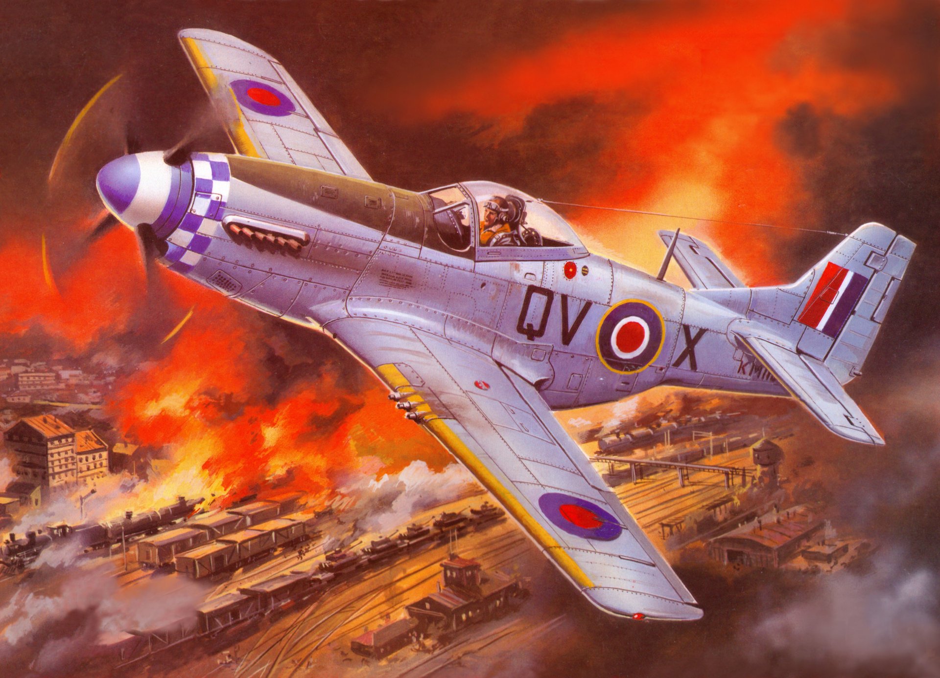 art sky north american r-51 mustang americano singolo caccia a lungo raggio stazione ferroviaria locomotiva vagoni edifici magazzino fuoco fumo ww2 figura