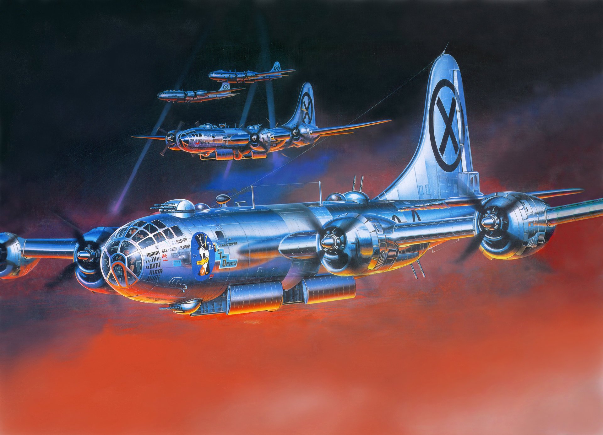 arte cielo notte boeing b-29 superfortress americano bombardieri missione raggi riflettori bagliore ww2 figura