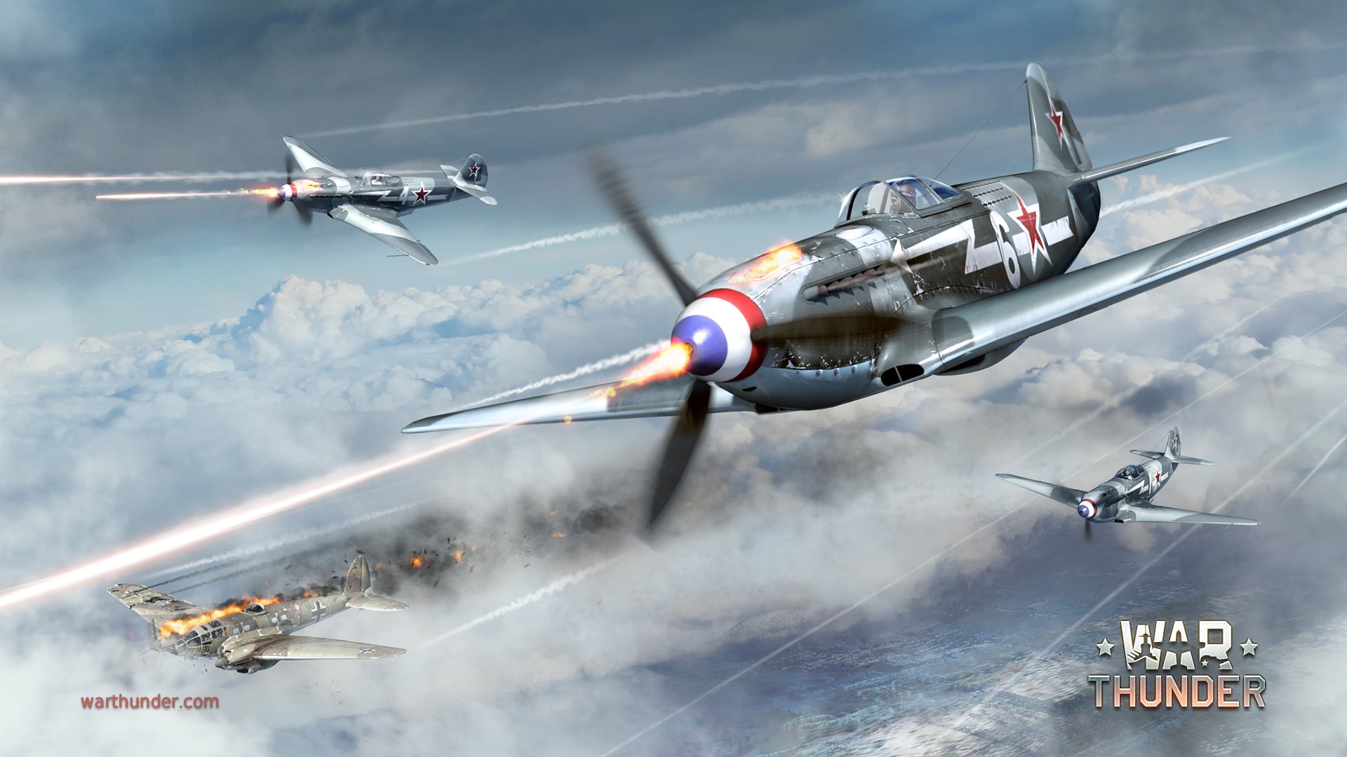 arte cielo guerra yakovlev yak-3 troika soviético pistón monomotor caza heinkel he-111 alemán bimotor bombardero llama tiro war thunder regimiento normandía-neman