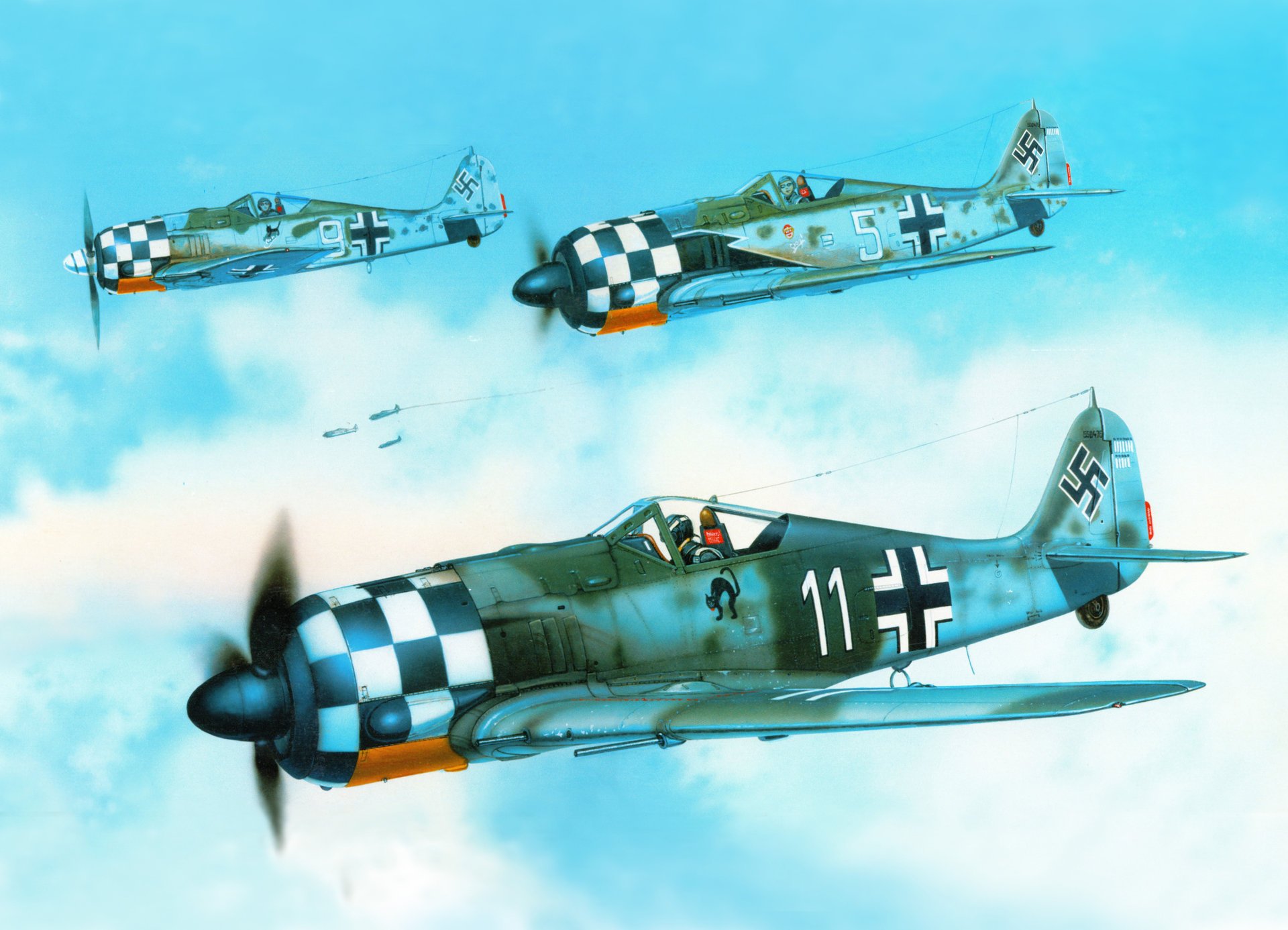 arte cielo focke-wulf fw 190a6 tedesco monoposto caccia primo aereo georg scott marcatura personale arco gatto nero ww2 figura