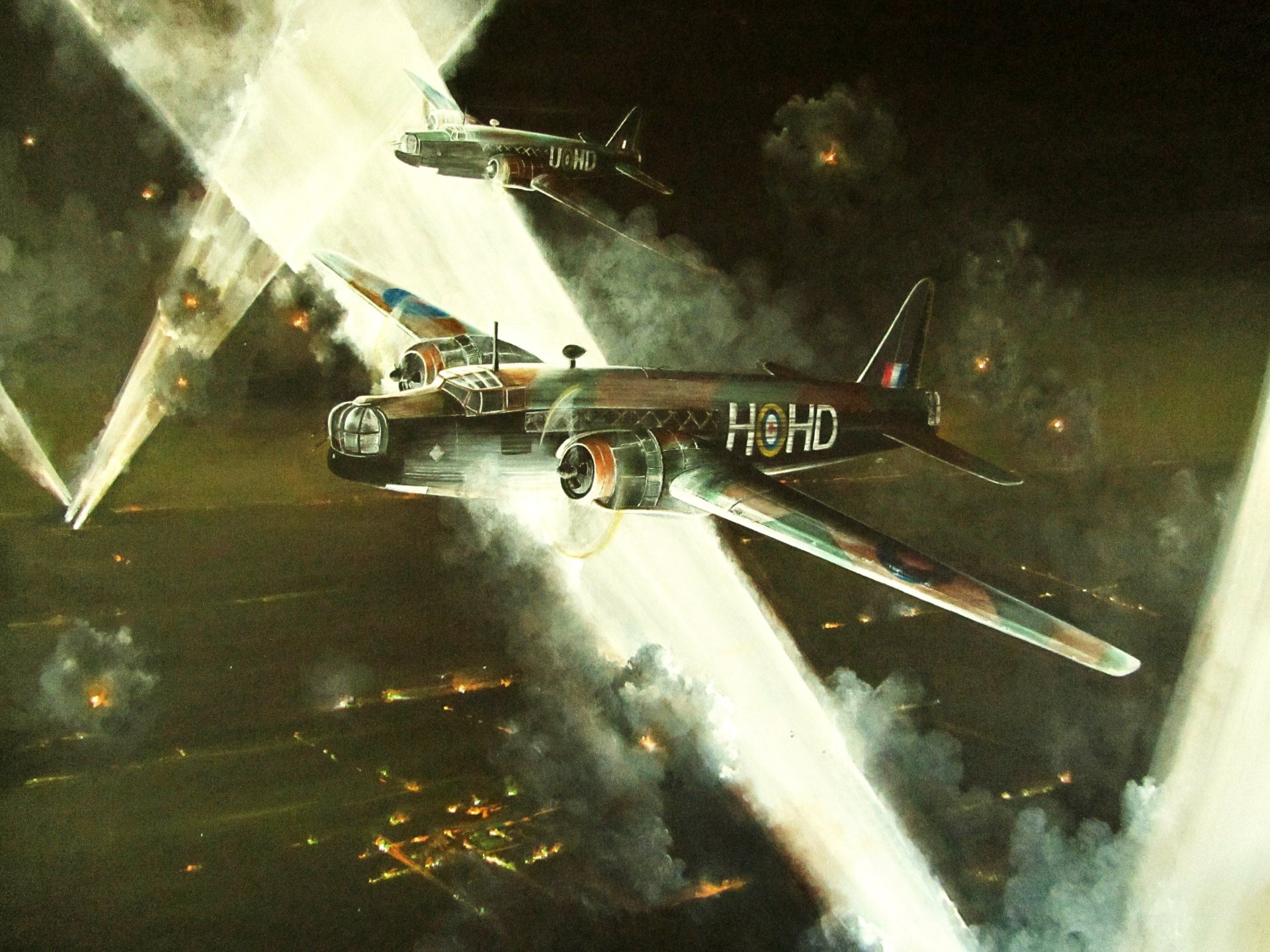 art sky night uk twin-engine bombers vickers wellington vickers wellington bombing land fire fires smoke rays from the projectors ww2 picture