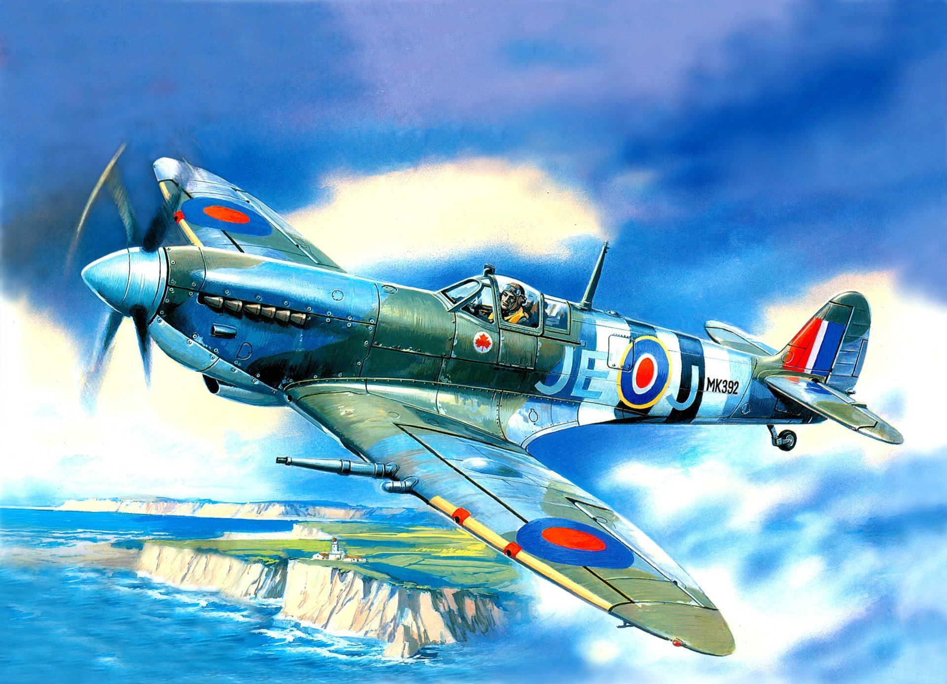 art spitfire mk.9 monomoteur britannique combattant ciel mer rivage phare ww2