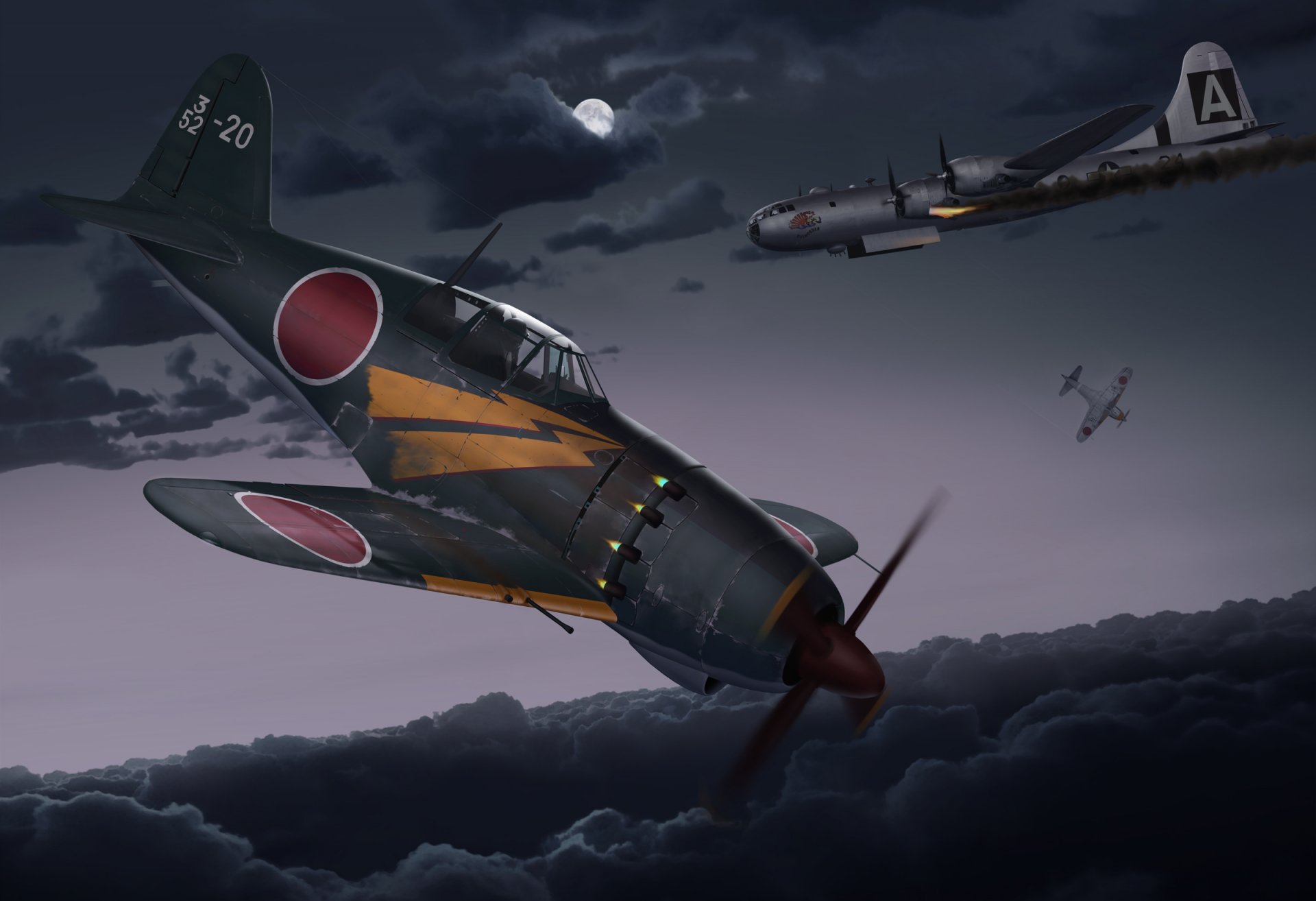 art night kawasaki gi-100 japońskie myśliwce zestrzelony b-29 superfortress amerykański strategiczny bombowiec niebo chmury ww2 rysunek