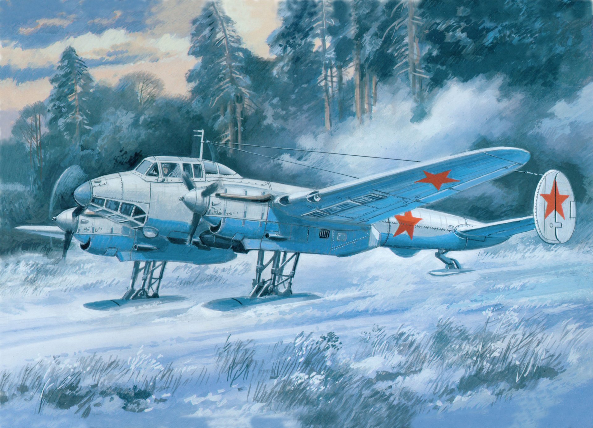 kunst winter schnee feld flugzeug tauchen sowjetisch bomber pe-2 um 55er serie auf skifahrgestellen weltkrieg zeichnung