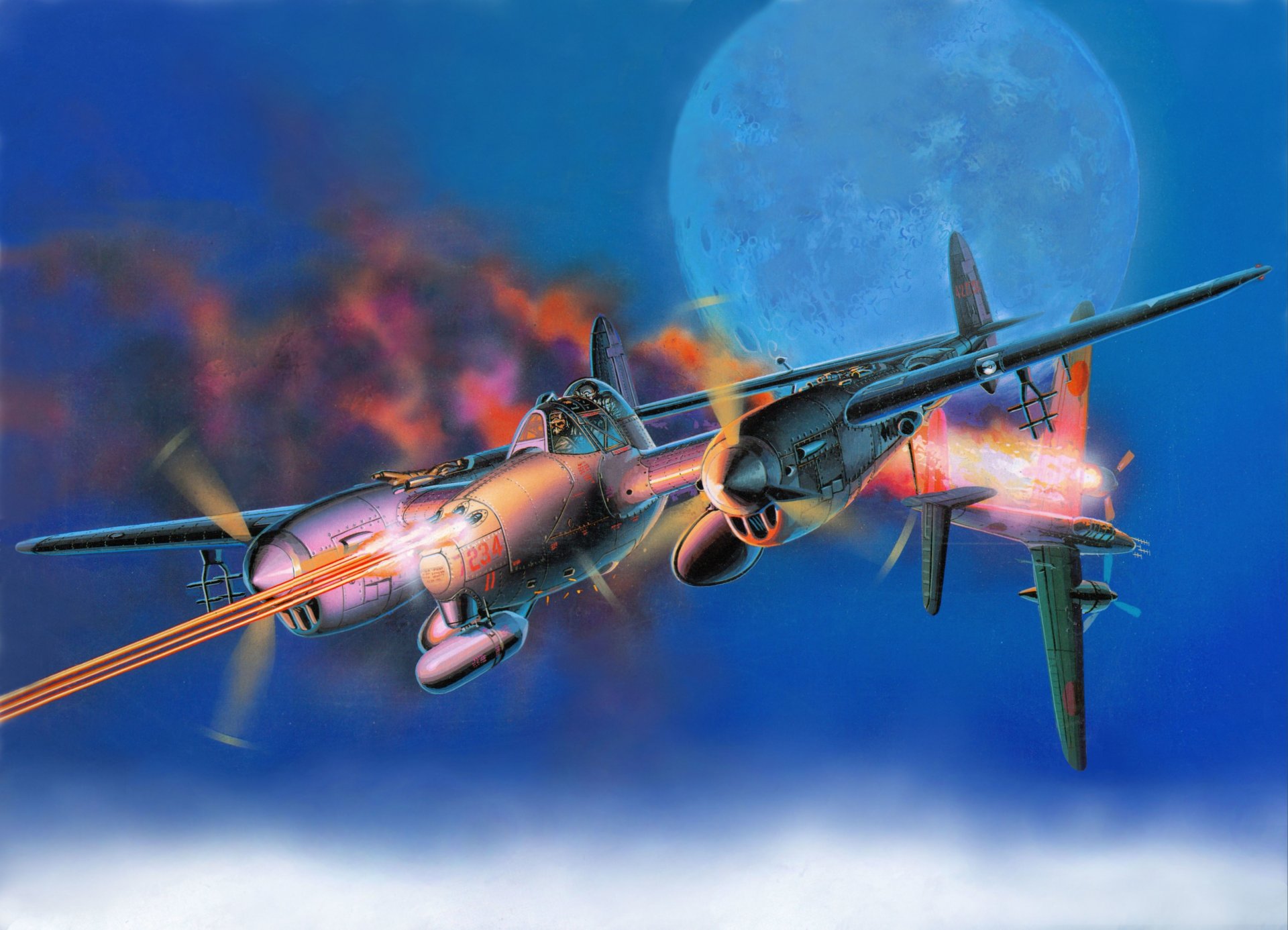 art sky lockheed p-38 lightning lightning amerykański ciężki myśliwiec zestrzelony japoński bombowiec g4m ogień płomień księżyc ww2 rysunek