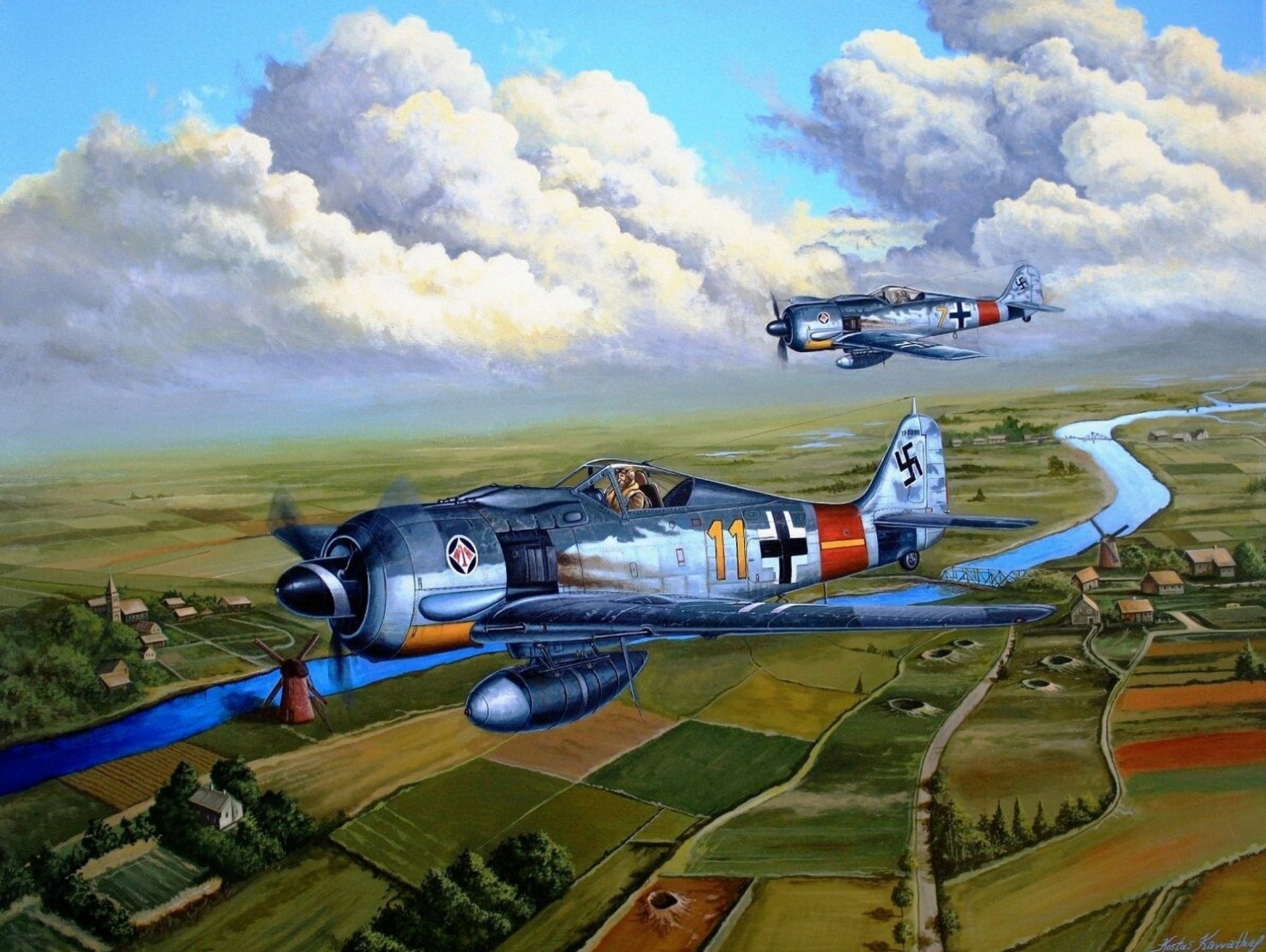 arte cielo focke-wulf fw 190 shrike focke-wulf würger tedesco monoposto monomotore a pistoni caccia-monoplani terra fiume strade costruzione ww2 figura