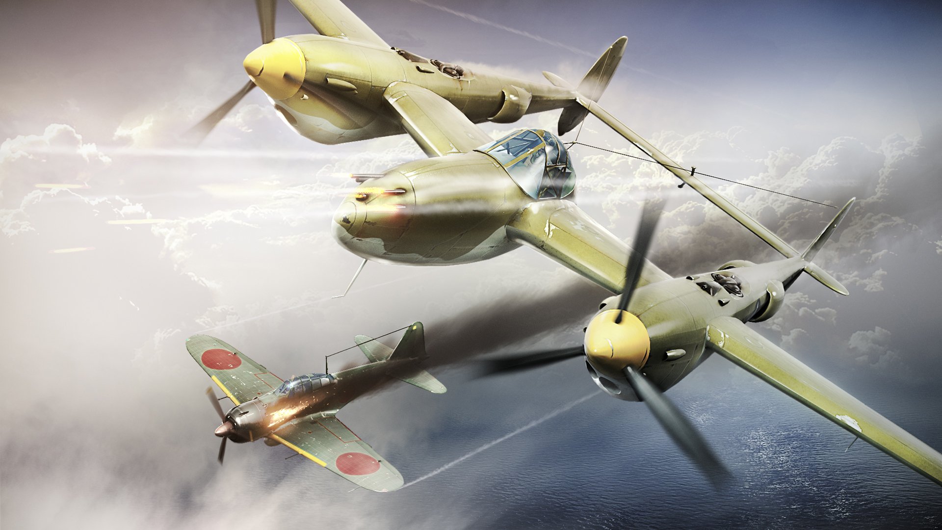 arte cielo combate aéreo lockheed p - 38 lightning americano luchador derribado a6m reisen zero japonés marino cubierta de combate ww2