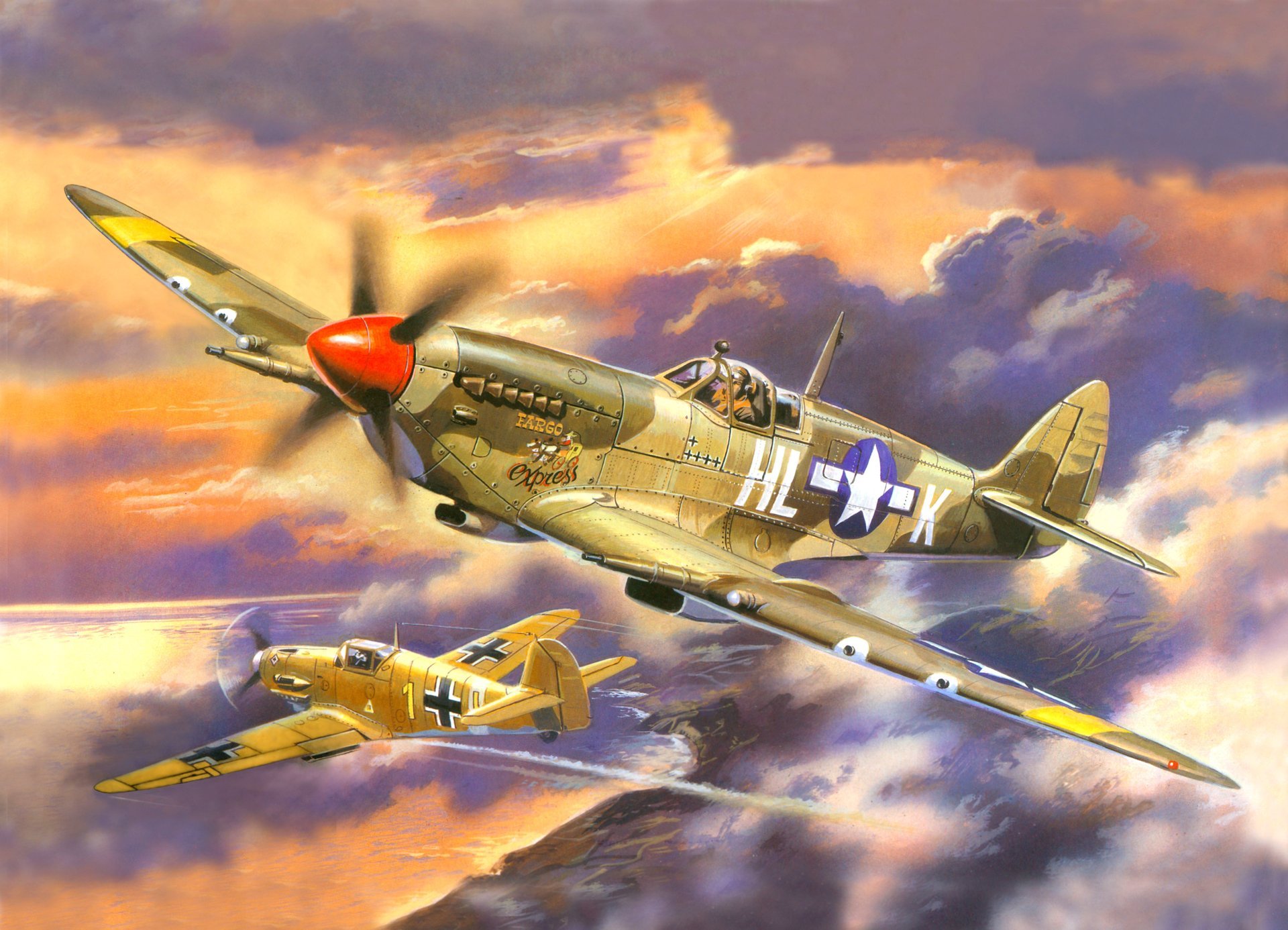 arte cielo aéreo combate bf-109e-3 alemán luchador y derribado inglés hawker hurricane agua barcos costa ww2 dibujo