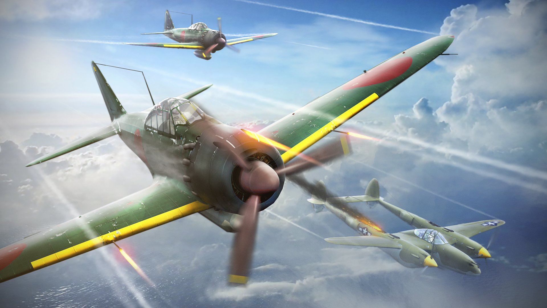 art sky a6m reisen zero japanese sea carrier-based fighter lined lockheed p-38 lightning american fighter ww2