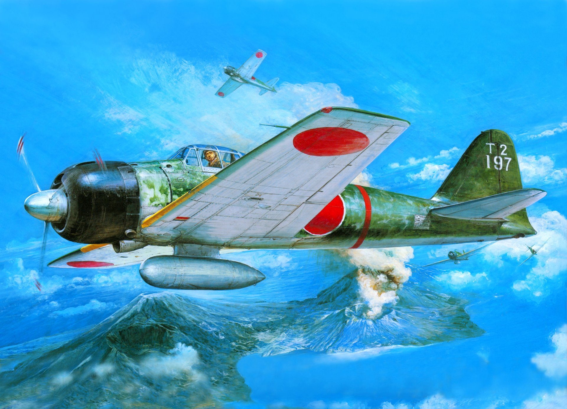 kunst himmel mitsubishi a6m3 null japanisch deck kämpfer vulkan krater wasser ww2 zeichnung