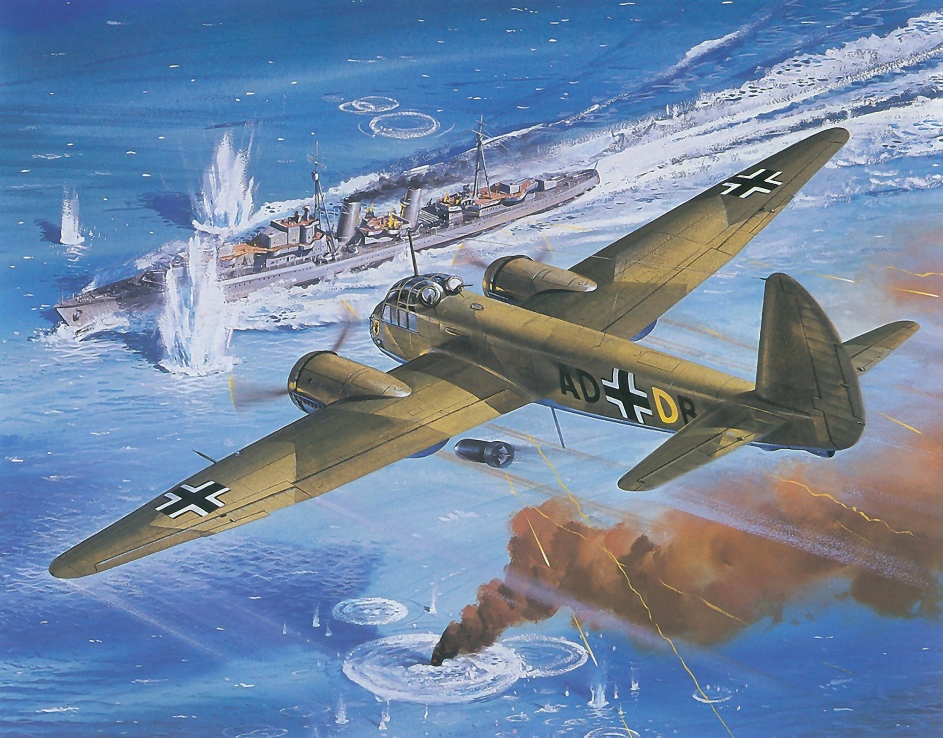 arte guerra cielo aereo junkers yu-88 tedesco bombardiere avvicinamento bersaglio mare militare nave cacciatorpediniere esplosioni esplosioni fumo ww2 figura