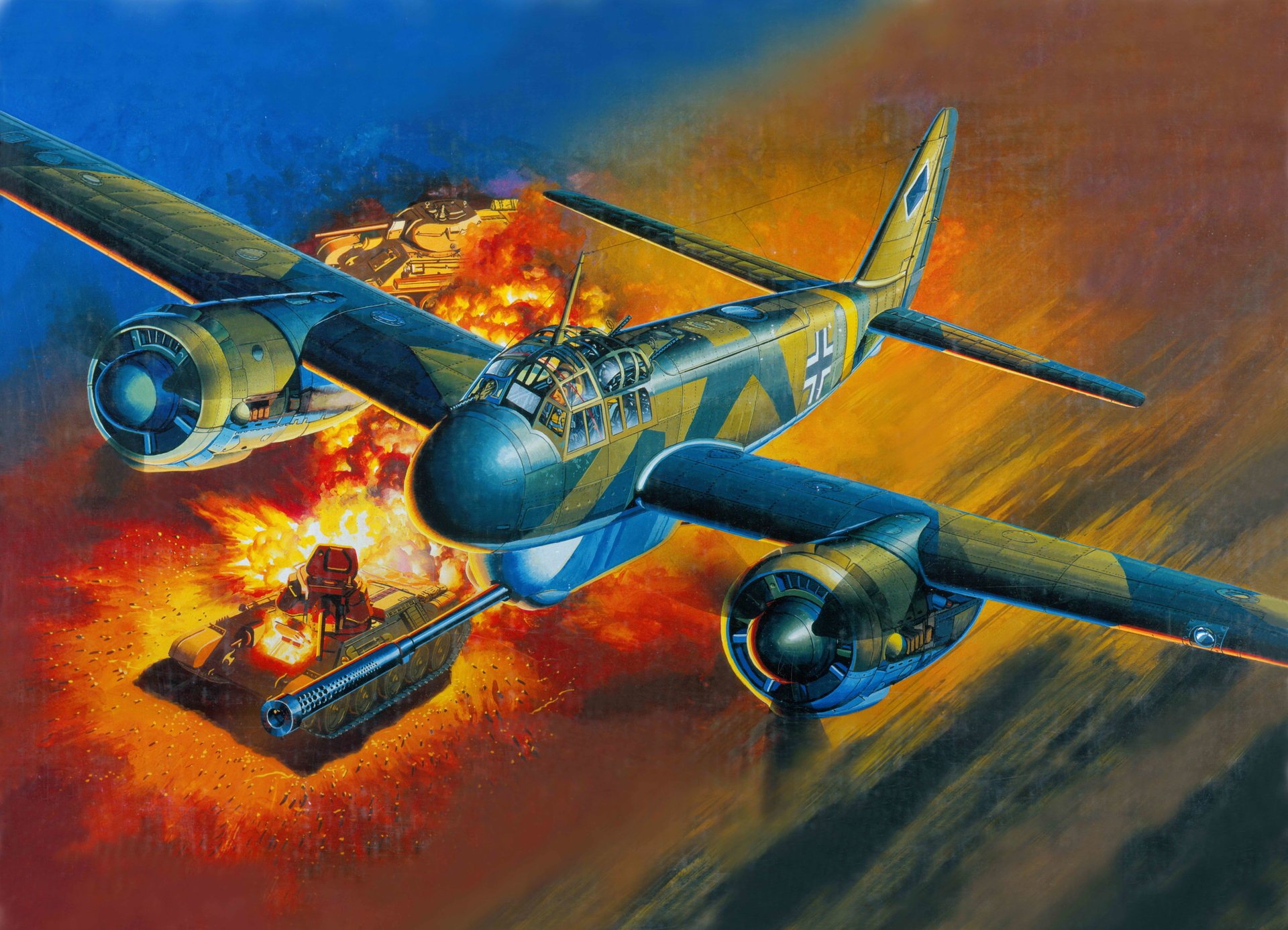 art war sky junkers ju.88 p-1 pak 40 anti gun german attack tank destroyer t-34 soviet medium tank fire