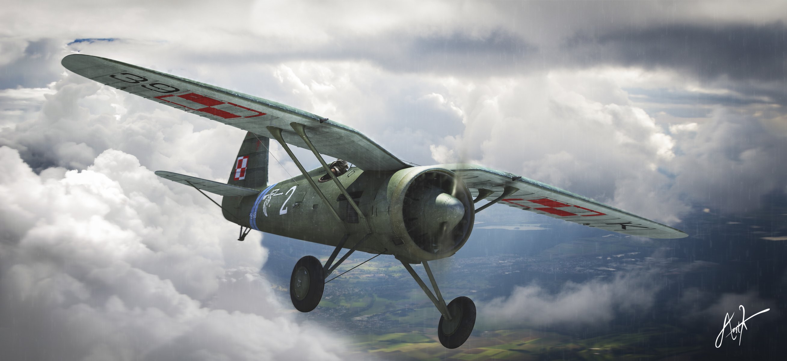 arte cielo pzl p. 11 polaco monomotor caza monoplano ww2 dibujo