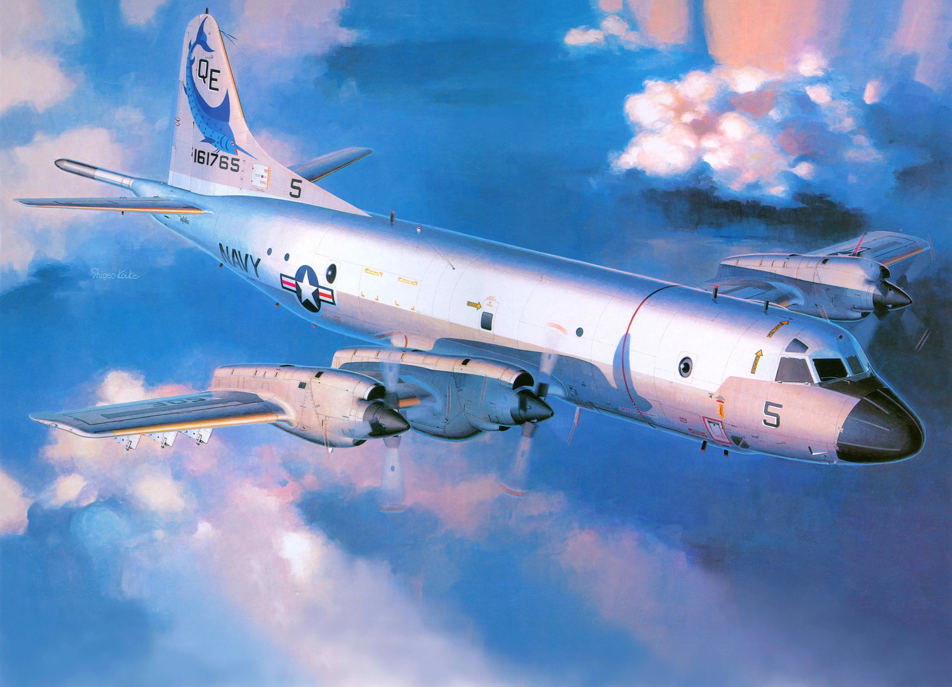 art lockheed p-3 orion côtier patrouille avion us navy ciel nuages dessin