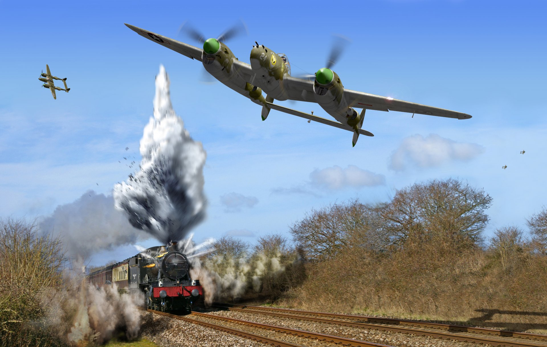 art lockheed p-38 lightning américain avions de chasse bombardement train fumée vapeur ww2 dessin