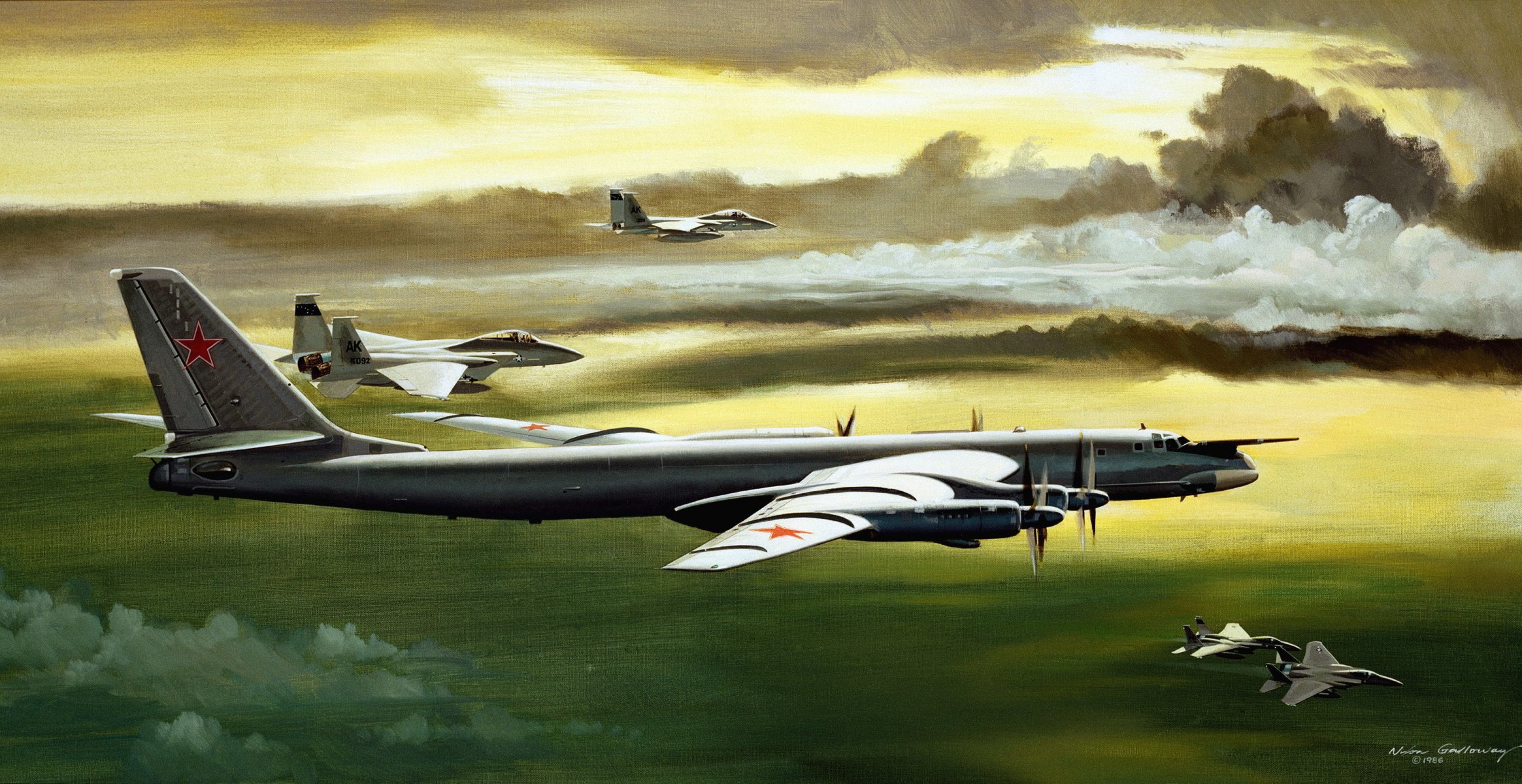 kunst tu-95ms bär bär sowjetisch russisch turboprop strategisch bomber himmel wolken f-15 silent eagle silent eagle amerikanisch mehrzweck düsen kampfjets zeichnung