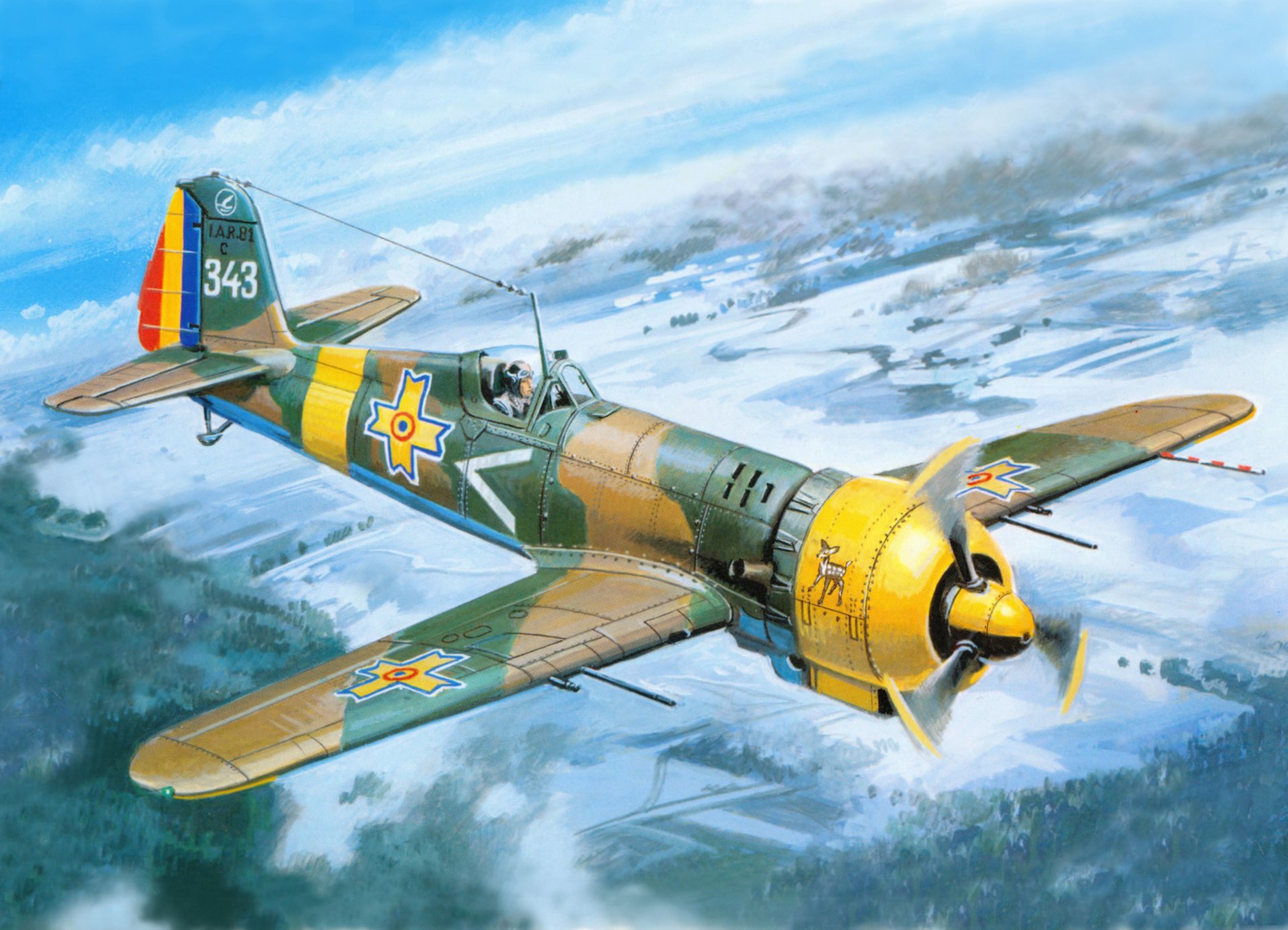 kunst himmel flugzeug iar-81c rumänisch ganzmetall kämpfer tiefflug erde wald felder ww2 zeichnung