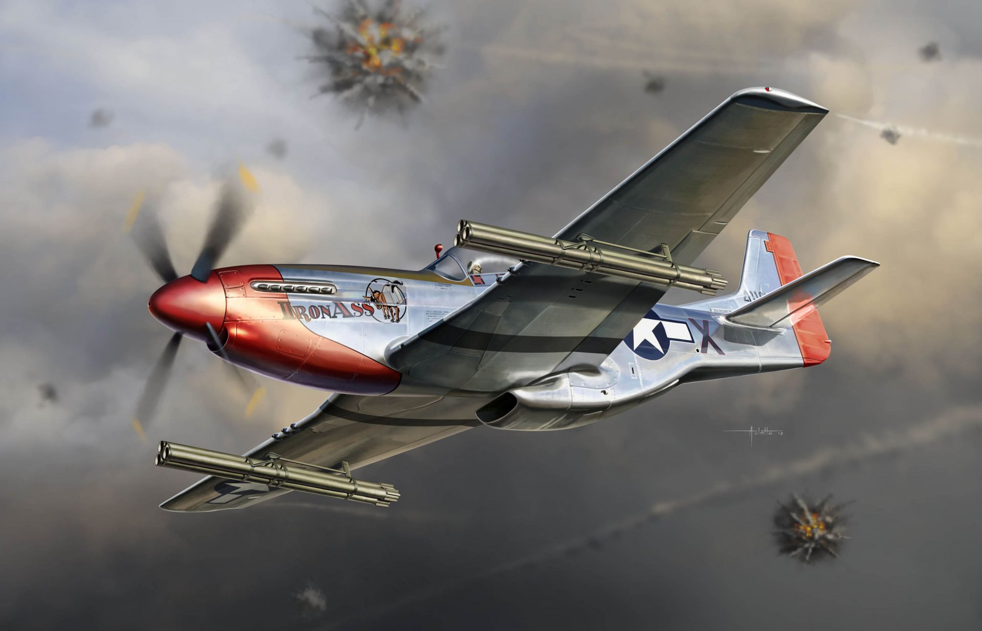 art samolot pojedynczy myśliwiec dalekiego zasięgu north american r-51k mustang north america r-51k opcjonalnie uzbrojony w sześć pocisków m8 w rurowych szynach m10 walka powietrzna us air force ww2