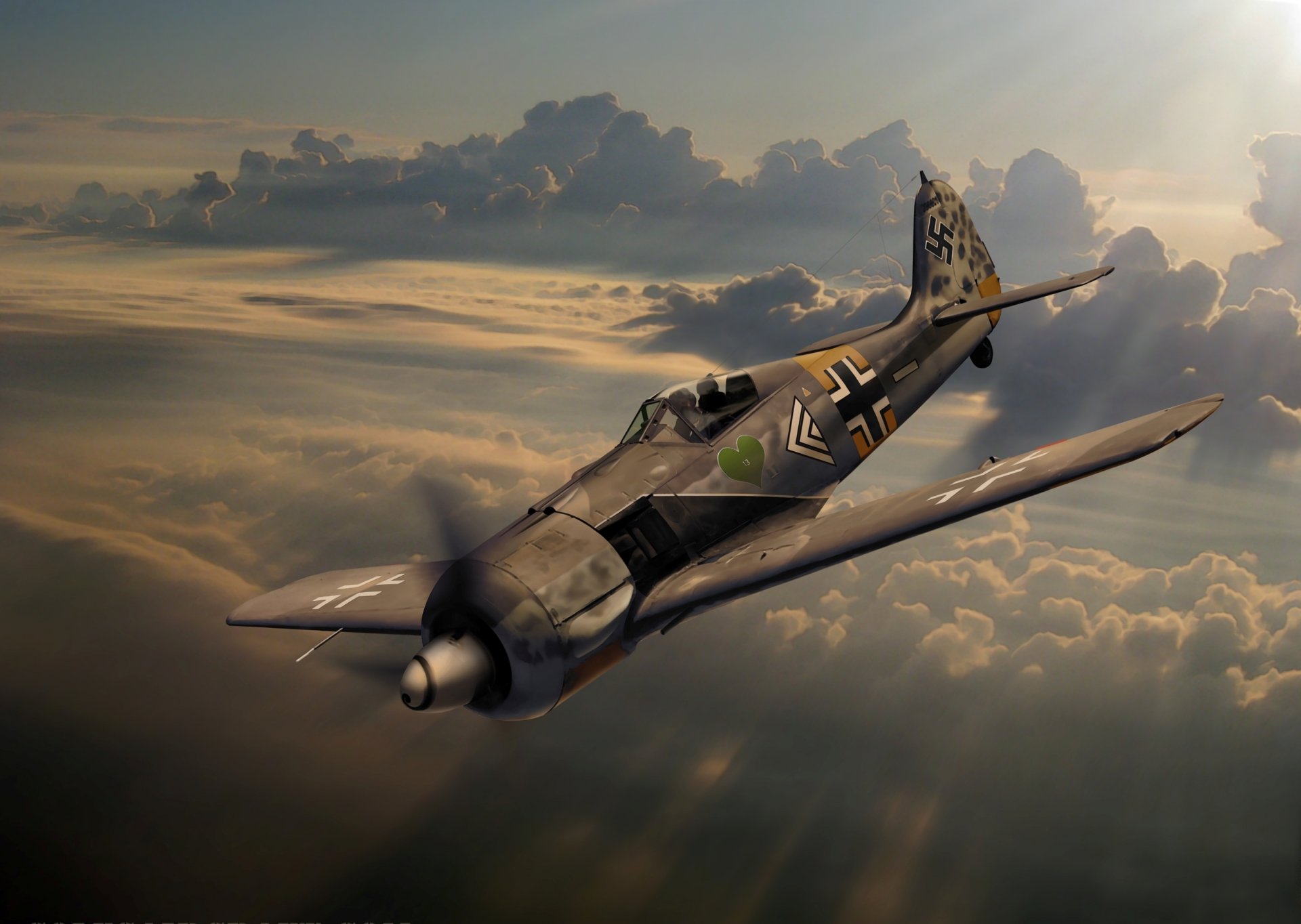 арт фокке-вульф fw 190 немецкий истребитель небо облака лучи.солнца ww2 рисунок