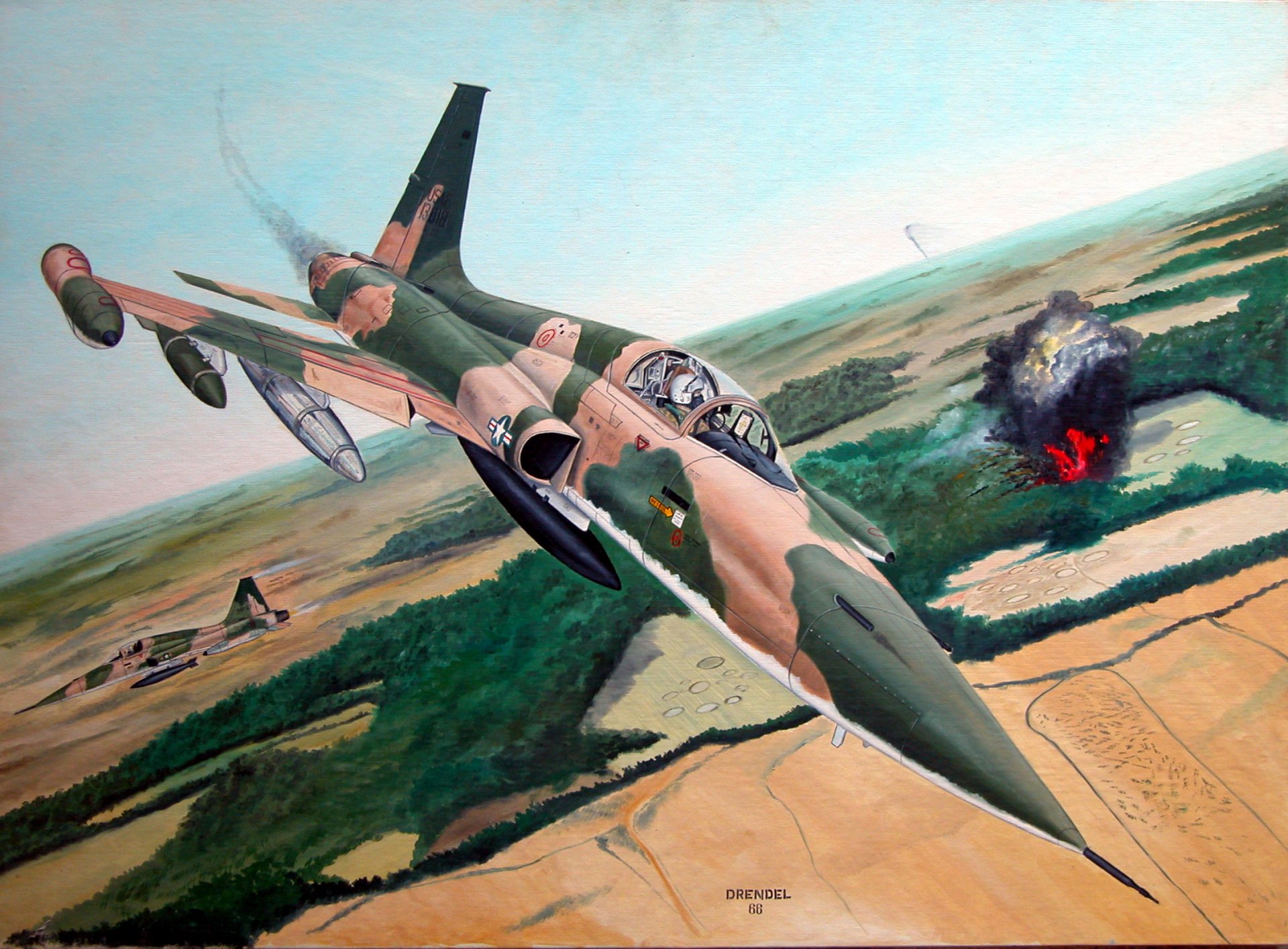 art northrop f-5 freedom fighter amerykańskie wielozadaniowe myśliwce niebo ziemia roślinność eksplozja płomień rysunek