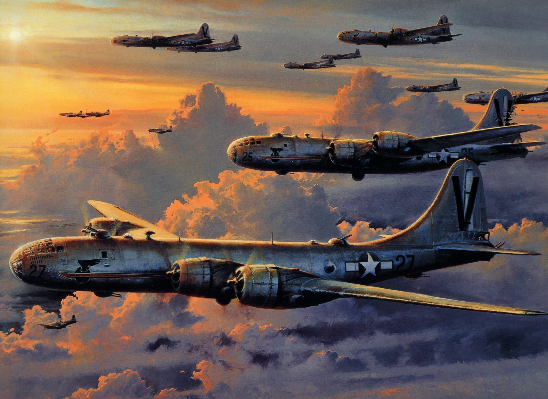 himmel wolken amerikanisch strategisch bomber boeing b-29 superfortress zweiter weltkrieg zeichnung