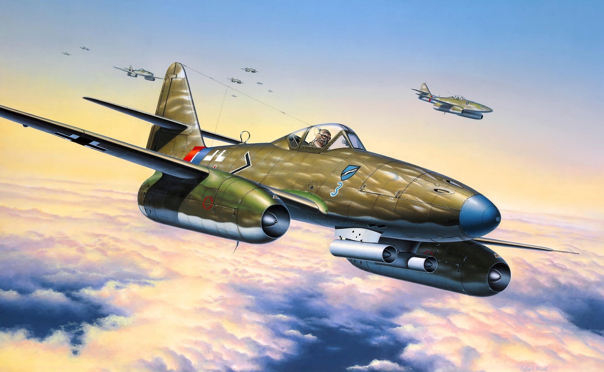 arte cielo me 262 a-1a alemán aviones de combate segunda guerra mundial dibujo