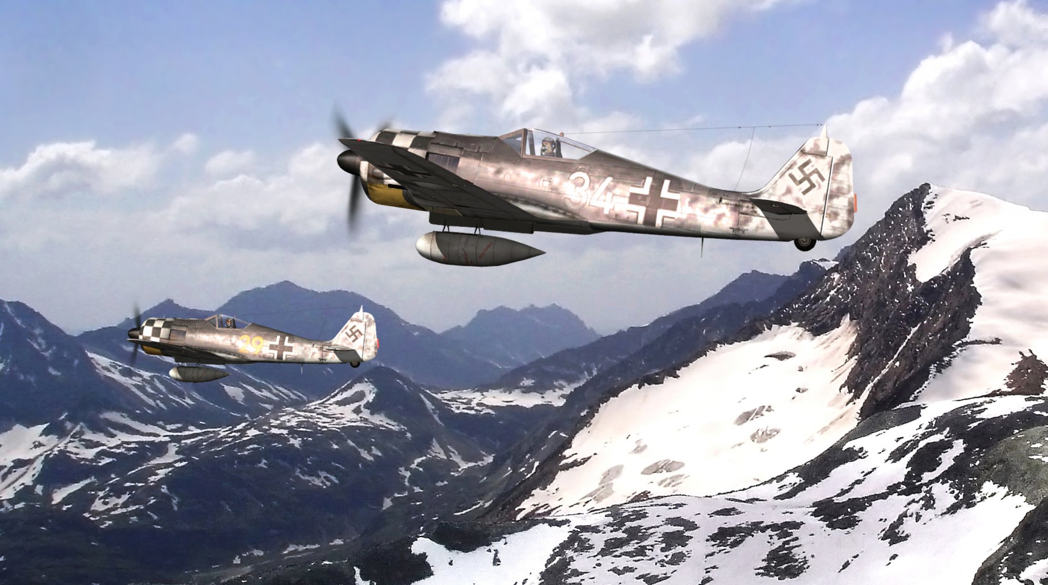 arte cielo focke wulf fw-190 alemán cazabombarderos montañas picos nieve ww2 figura