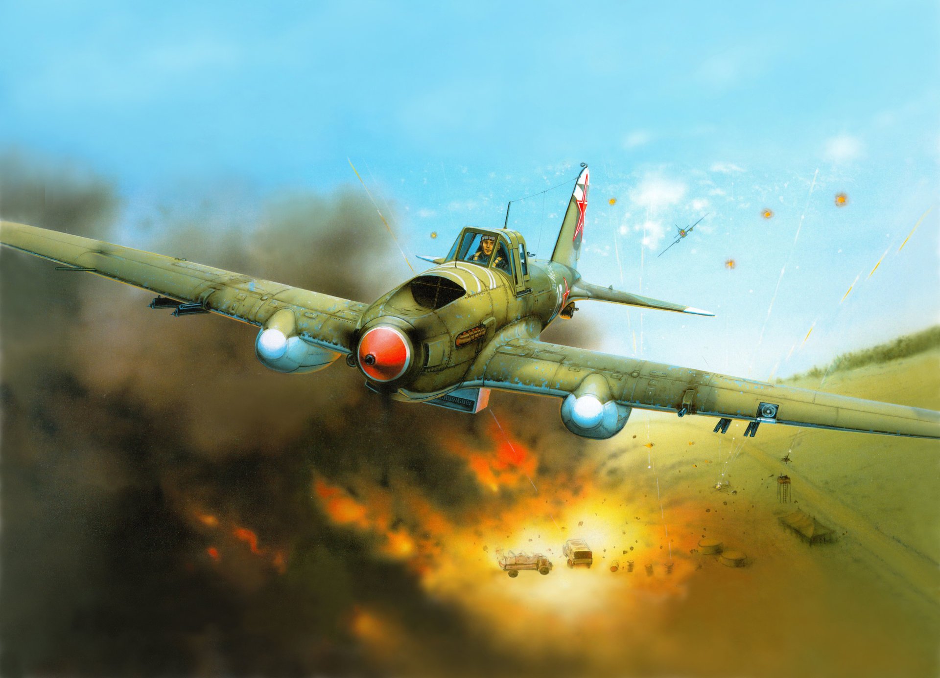 arte avión il-2m soviético avión de ataque ataque columna alemán vehículos blindados explosiones fuego humo segunda guerra mundial dibujo