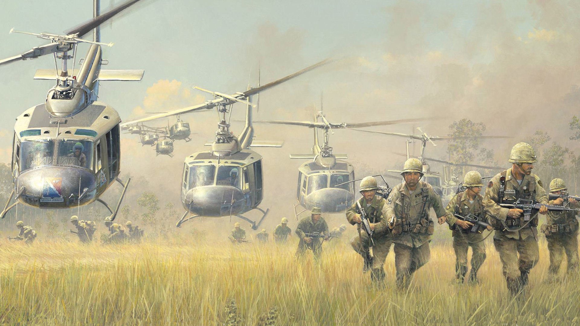 vietnam bell uh-1 iroquois huey guerre débarquement cavalerie trouver et détruire soldats dessin