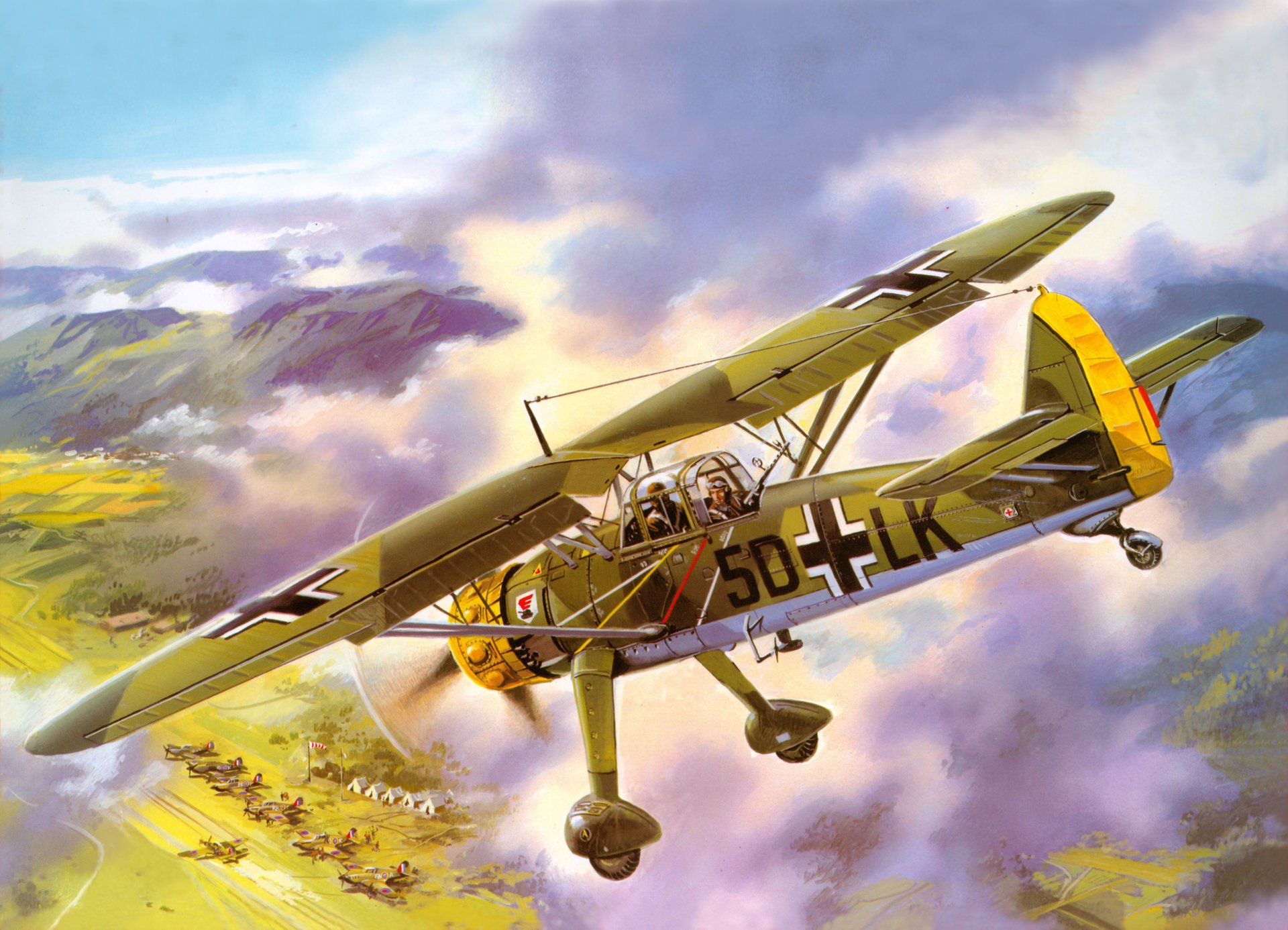 ciel avion hs.126a-1 allemand proche scout terre aérodrome terrain de décollage tentes montagnes ww2 dessin