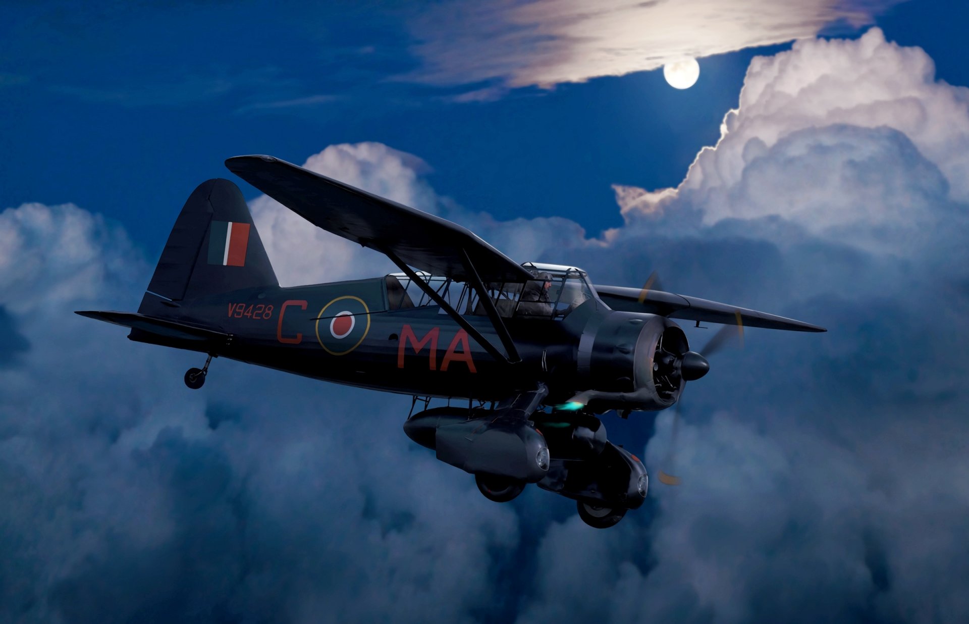 art nuit ciel avion lusander lisander britannique polyvalent éclaireur / bombardier de nuit nuages lune ww2 dessin