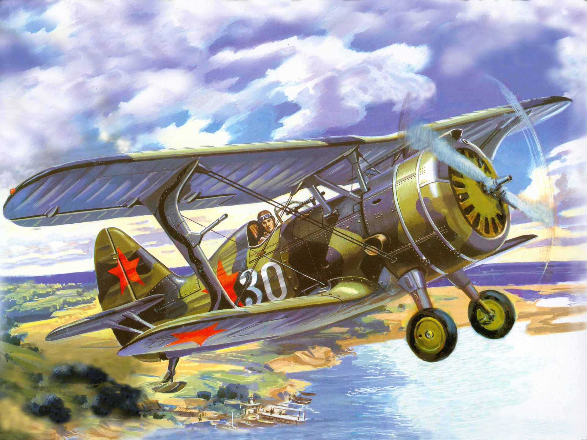 art plane soviet fighter biplane sky clouds land beach river wharf ships picture