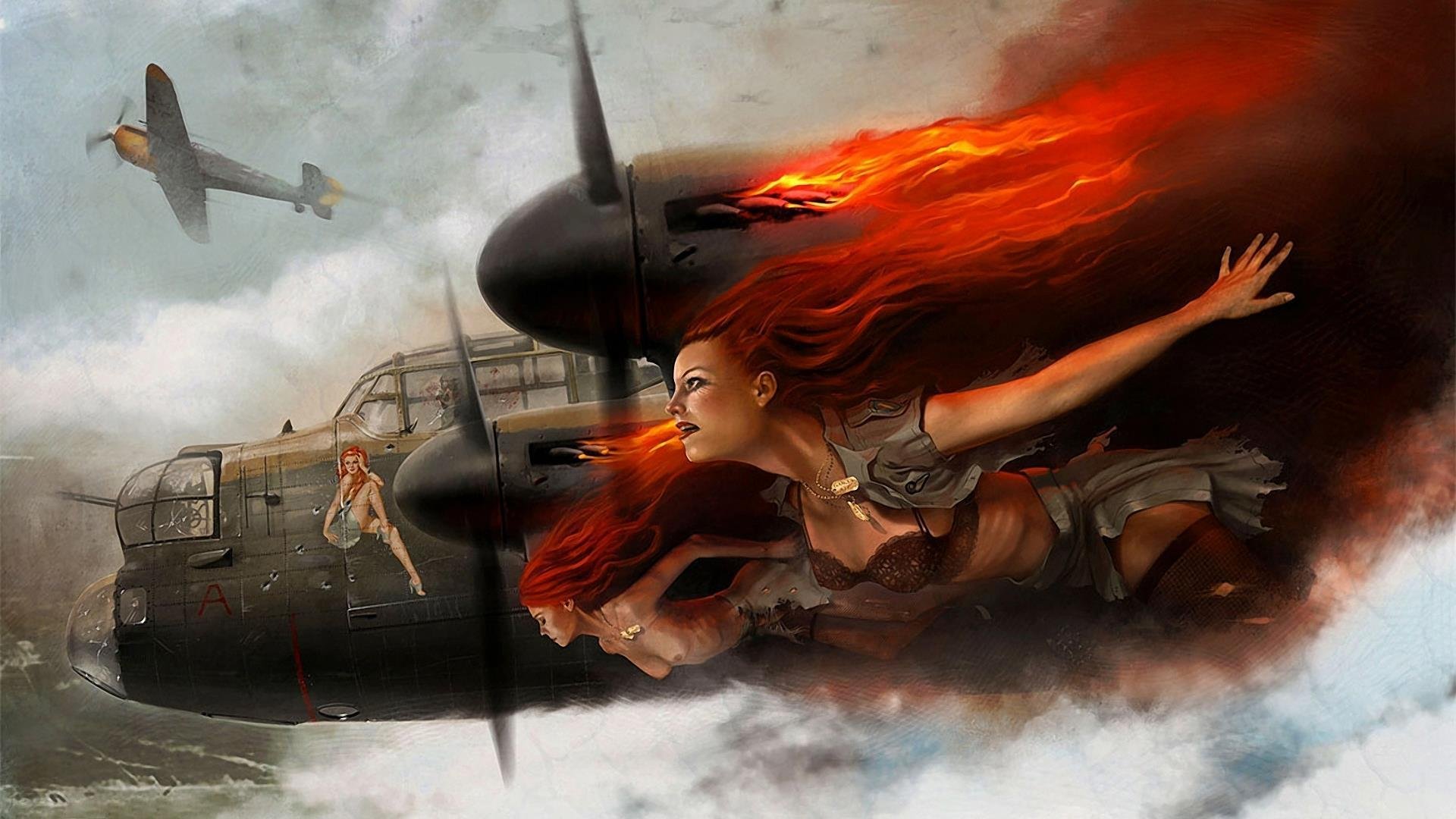 avro lancaster uk heavy four-engine bomber ww2 plane pin up glen angus girls flame bf.109 badge breasts underwear turret fire sky