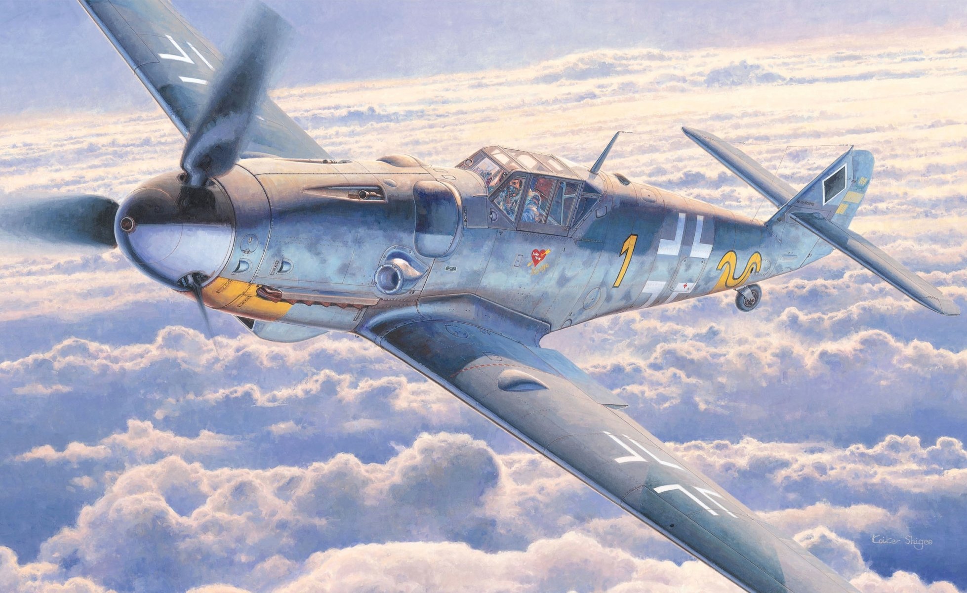 arte cielo nubes alemán monomotor pistón luchador messerschmitt bf-109 g-6 avión de eric alfred hartmann ww2 figura