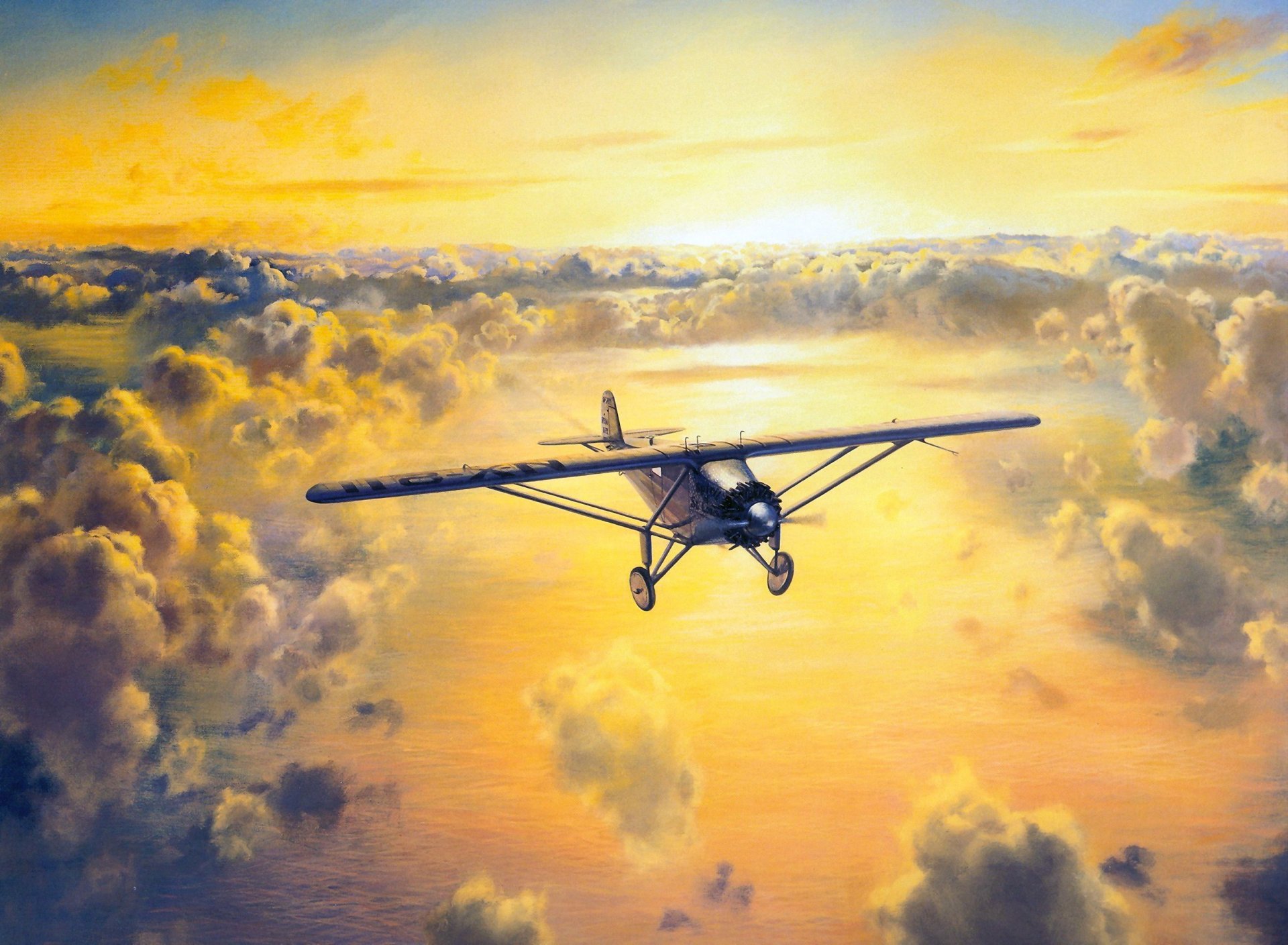 cielo nuvole sole spirito di st. louis monoposto aereo volo da new york a parigi attraverso atlantico pilota charles lindbergh disegno roy cross