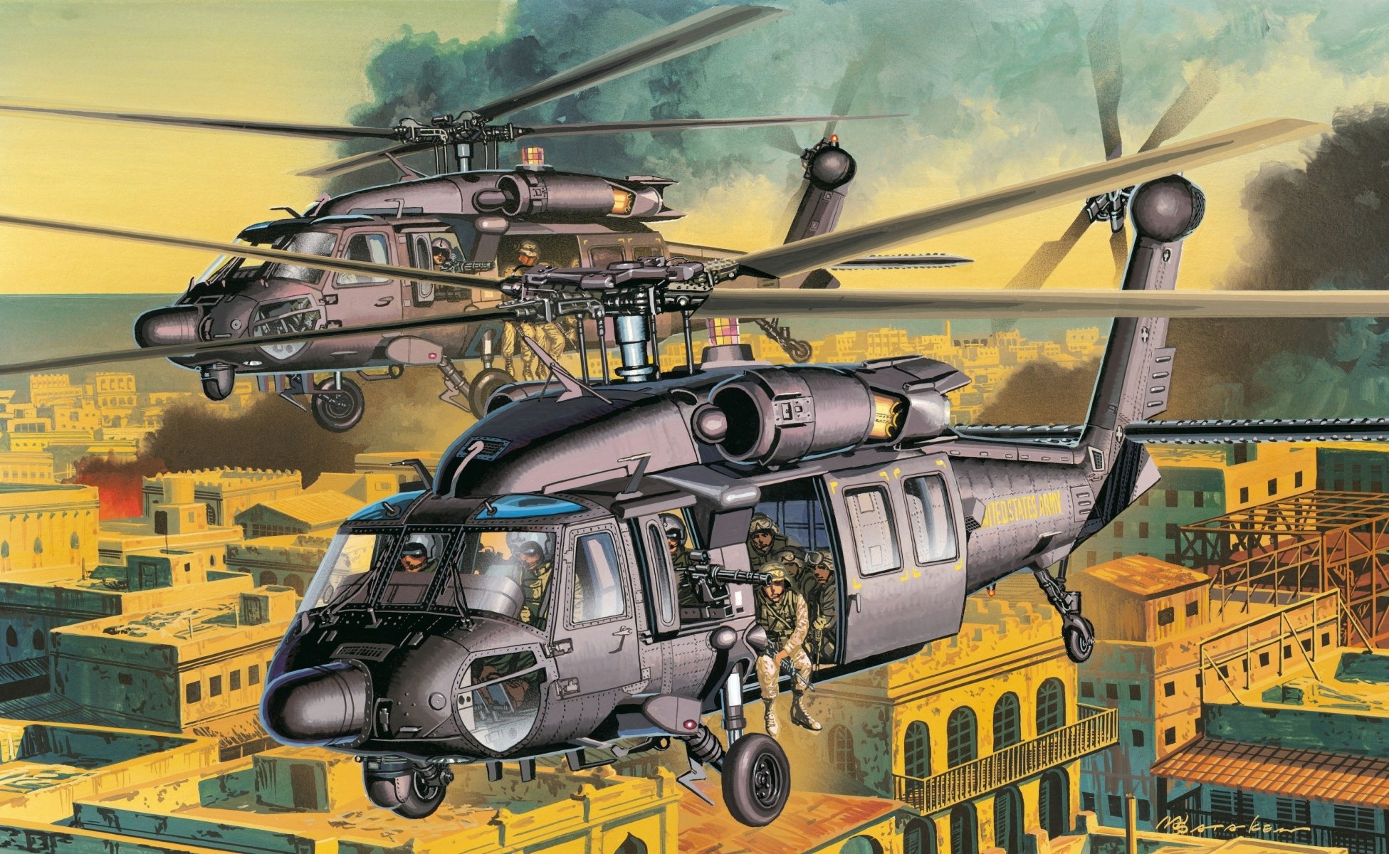 arte città strade elicottero ah-60 americano sciopero elicotteri soldati delle forze speciali disegno