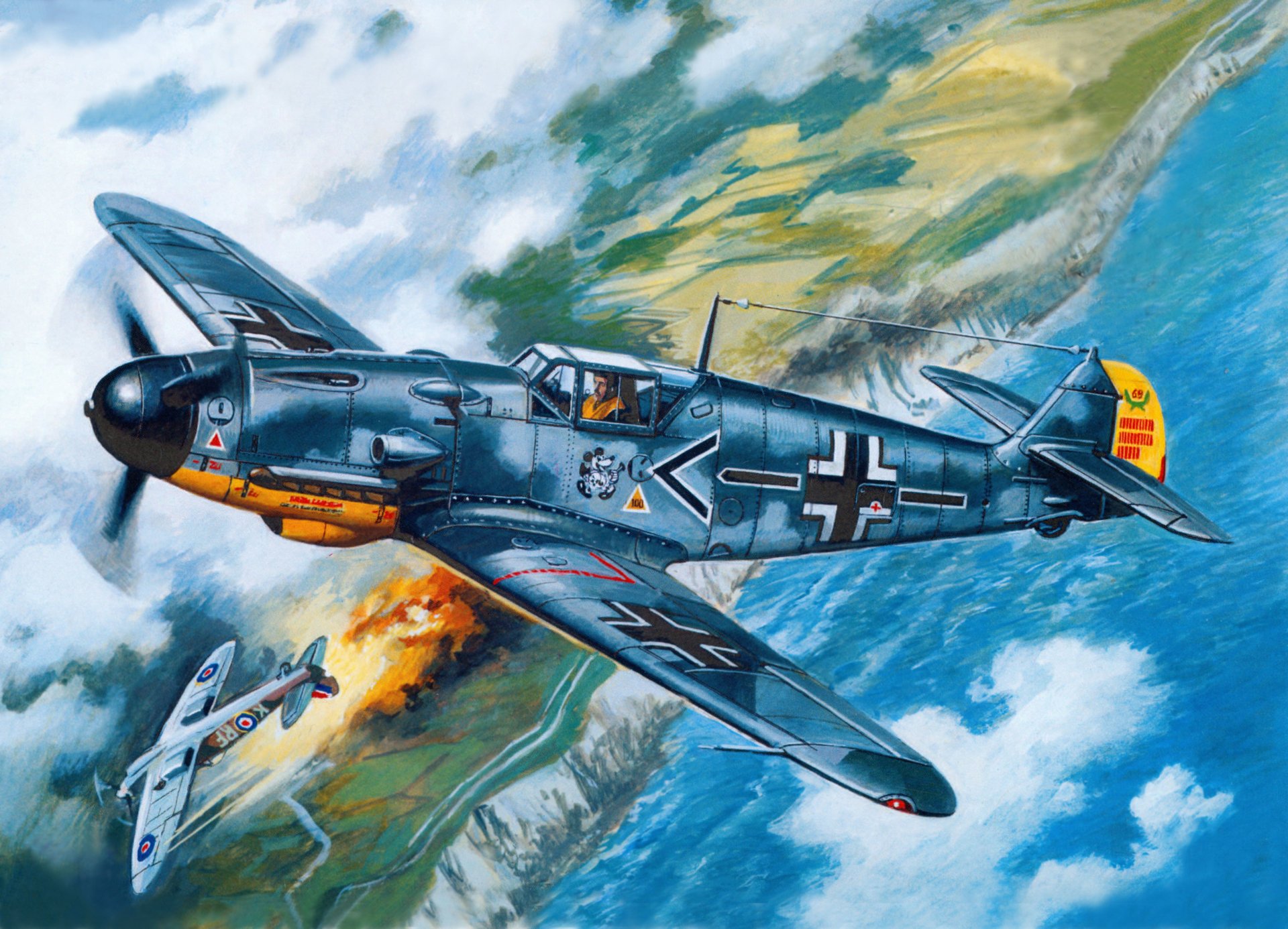 kunst himmel luft kampf bf-109f-2 / u2 einmotorig kolben kämpfer deutsch assa a. gallanda und supermarine spitfire englisch erde ufer wasser ww2 zeichnung