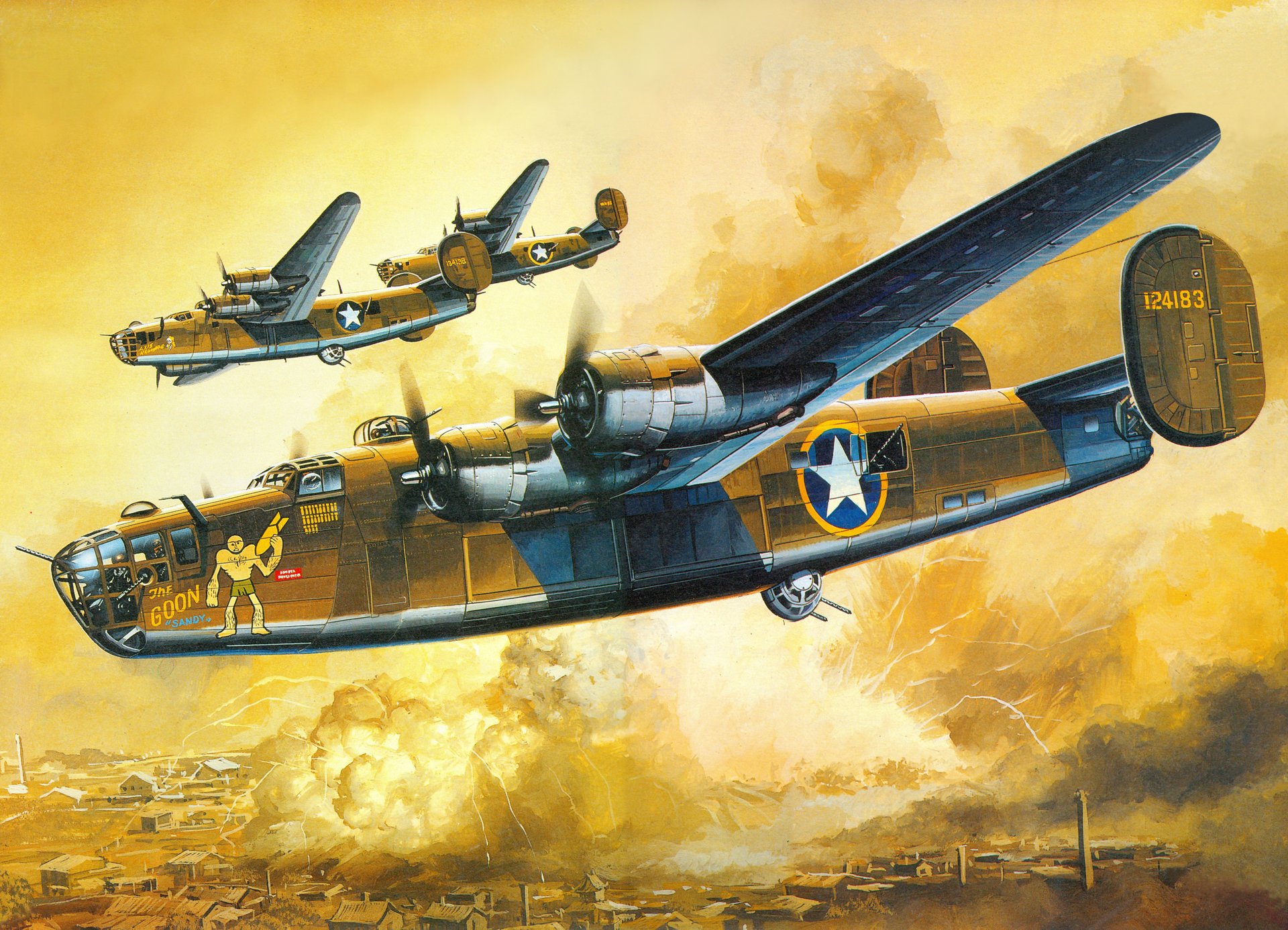 art b-24d liberator us bombers land town bombing explosions smoke ww2 picture