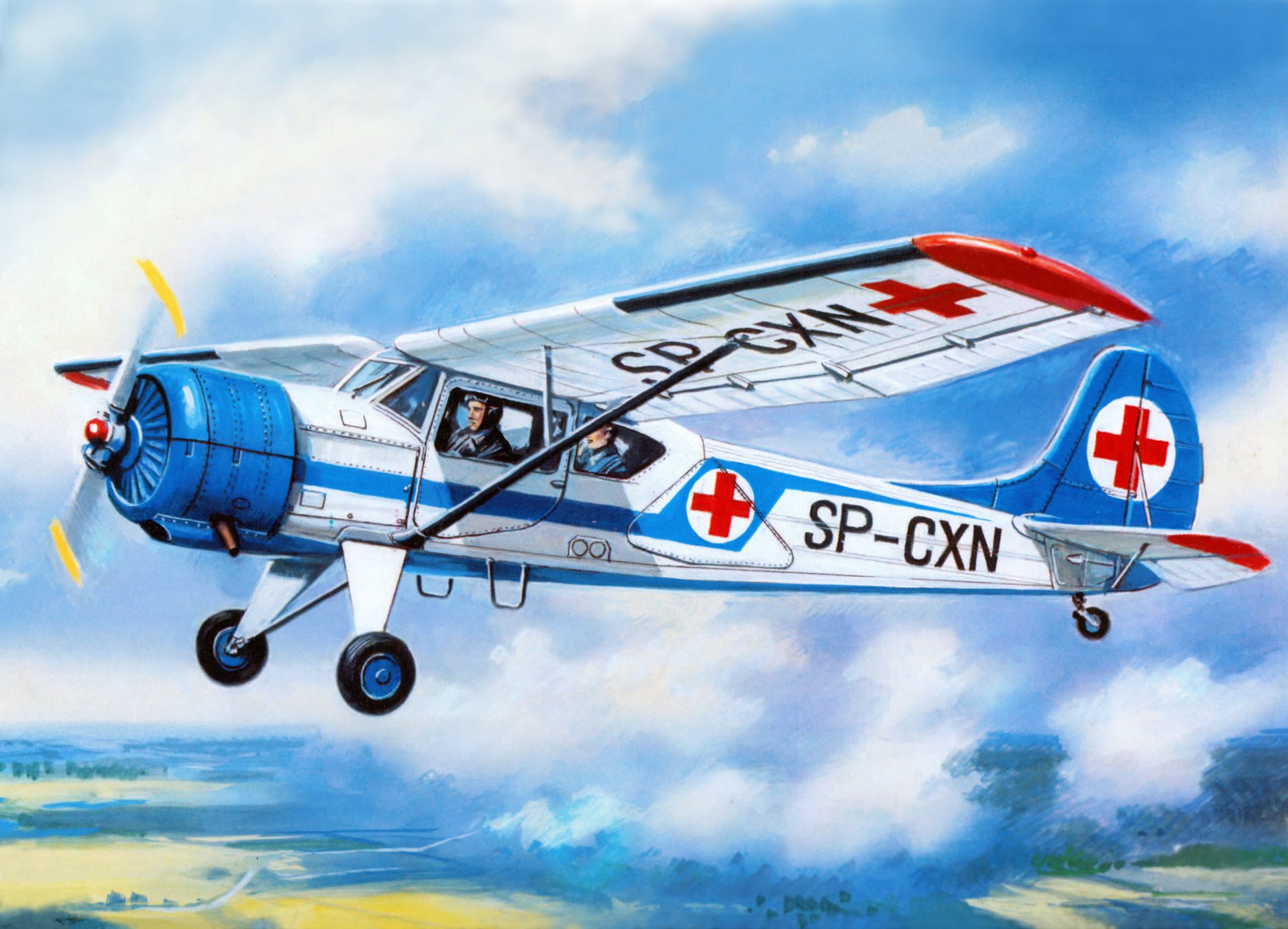 art yak-12a soviétique passager polyvalent avion ciel nuages dessin